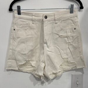 High-Rise Cream Distressed Denim Shorts